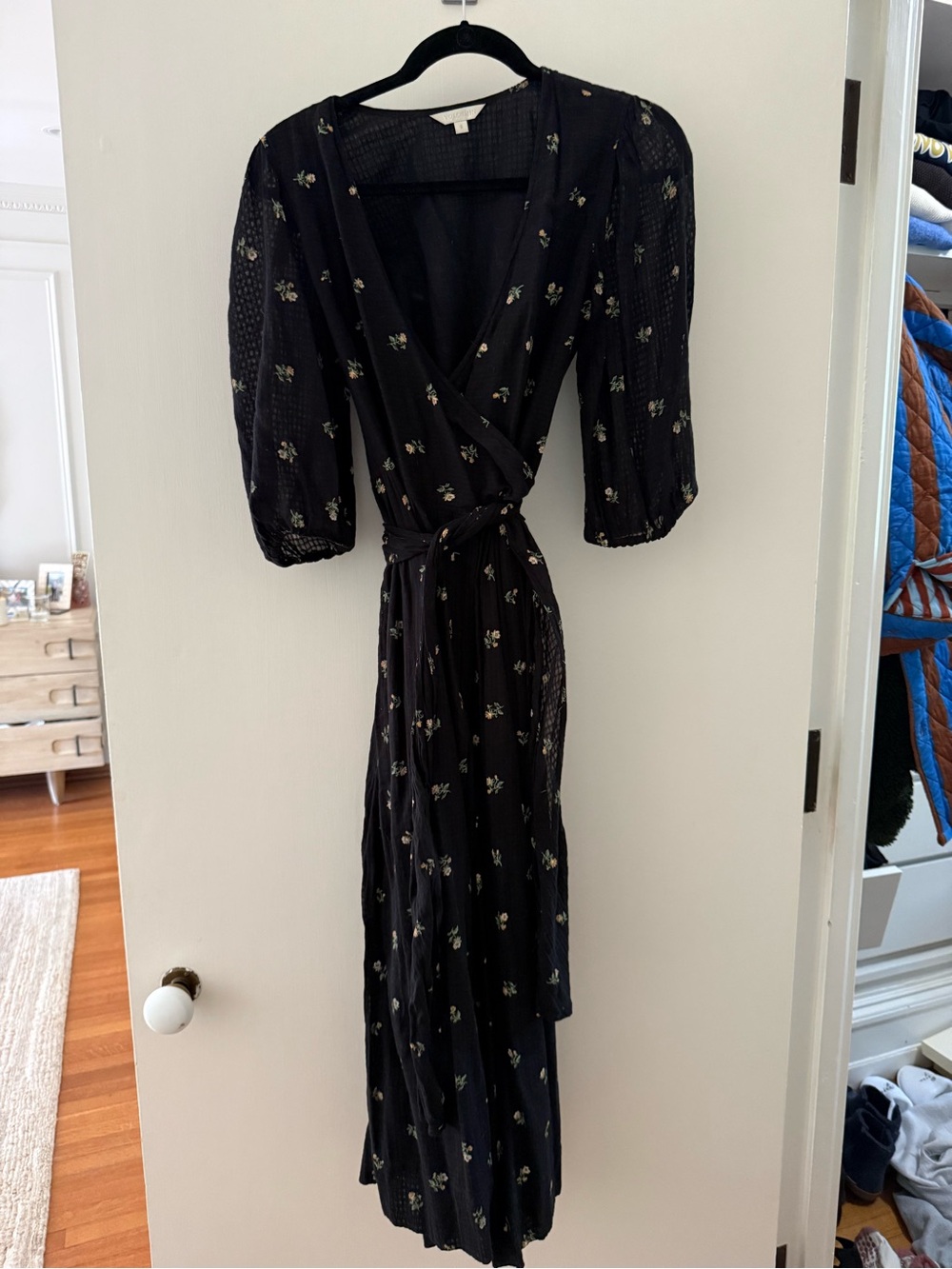 Black Floral Midi Wrap Dress with Puff Sleeves